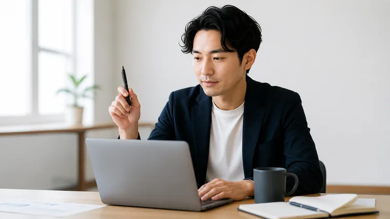 ノートパソコンで実務作業を行うWeb担当の様子