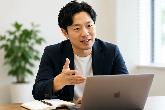 ノートパソコンを前に、身振りを交えて状況を説明する事業側のWeb担当の様子