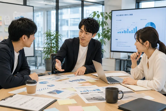 社内でWeb担当を育成する方法を話し合う様子