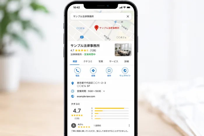 スマートフォンでGoogleマップの店舗情報と口コミ評価を確認する様子