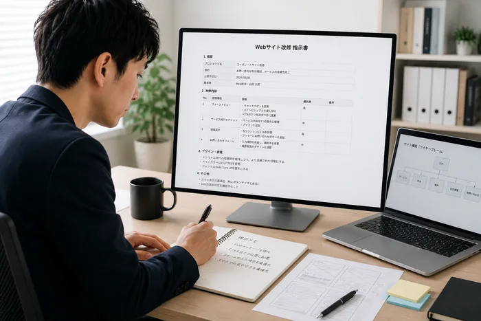 制作会社への依頼書を作成する様子
