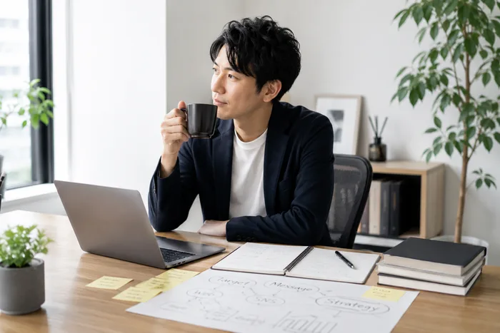 コーヒーを片手に新しい施策の要否を考える様子