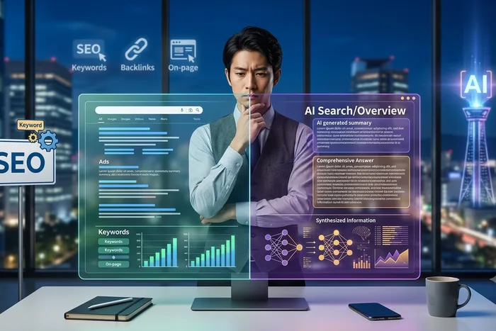 生成AI検索とSEOの優先順位を検討する様子