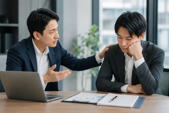 代理店担当者の熱量が下がった様子を気遣いながら対話する様子