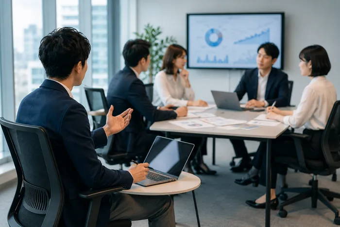 外部の判断役と事業側が連携する様子