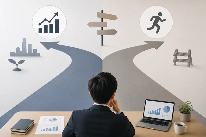 分かれ道を前にKPIの数字を見ながら継続か撤退か考える様子