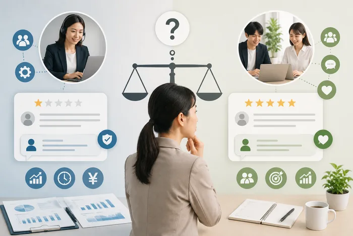 口コミへの返信対応を代行か自社かで検討する様子