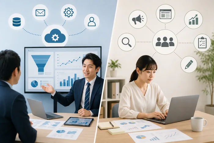 MAツール営業と事業側のWeb担当の違いを相談する様子