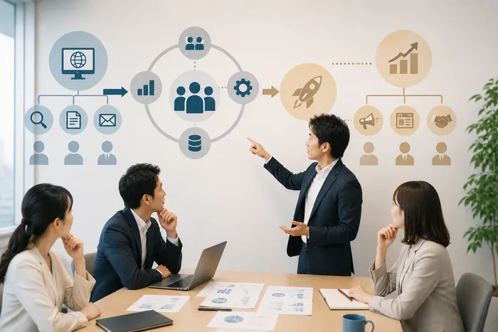 ダッシュボードとホワイトボードを見ながら新規事業の体制を検討する様子