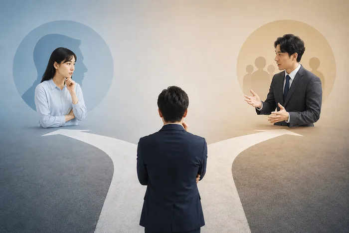 担当者の意見と代理店の意見が割れたときの判断軸を検討する様子